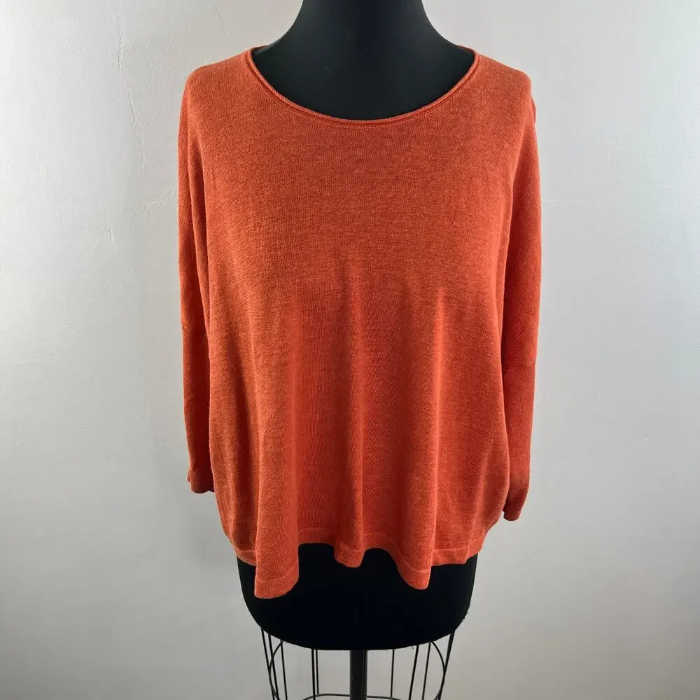 EILEEN FISHER Orange Linen Long Sleeve Bateau Neck Pullover Sweater Size S/M